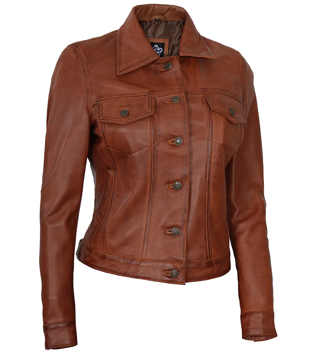 Fernando Women's Cognac Brown Trucker  Leather Jacket