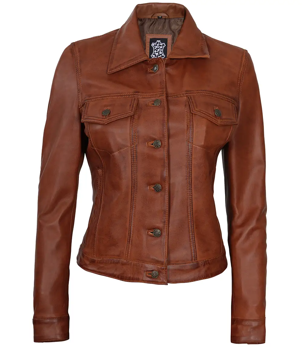 Fernando Women's Cognac Brown Trucker  Leather Jacket