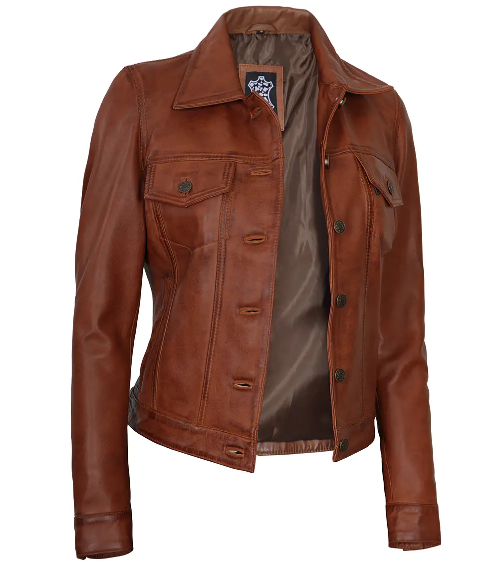 Fernando Women's Cognac Brown Trucker  Leather Jacket