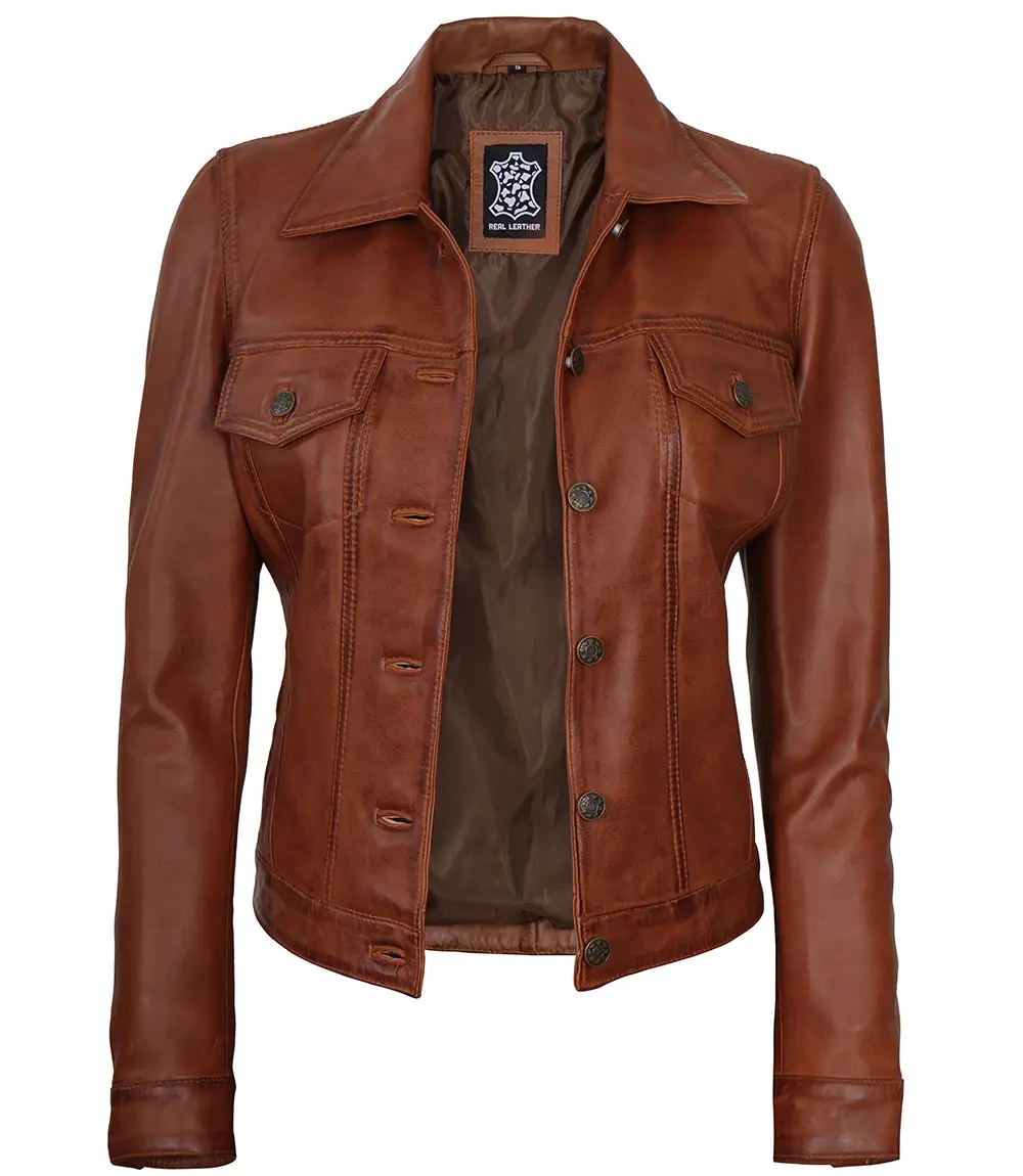 Fernando Women's Cognac Brown Trucker  Leather Jacket