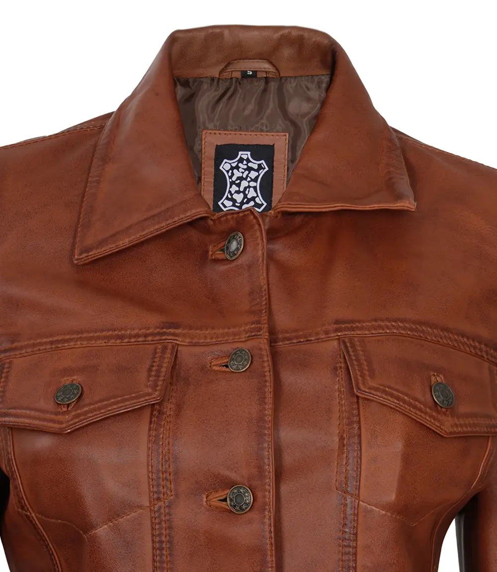 Fernando Women's Cognac Brown Trucker  Leather Jacket