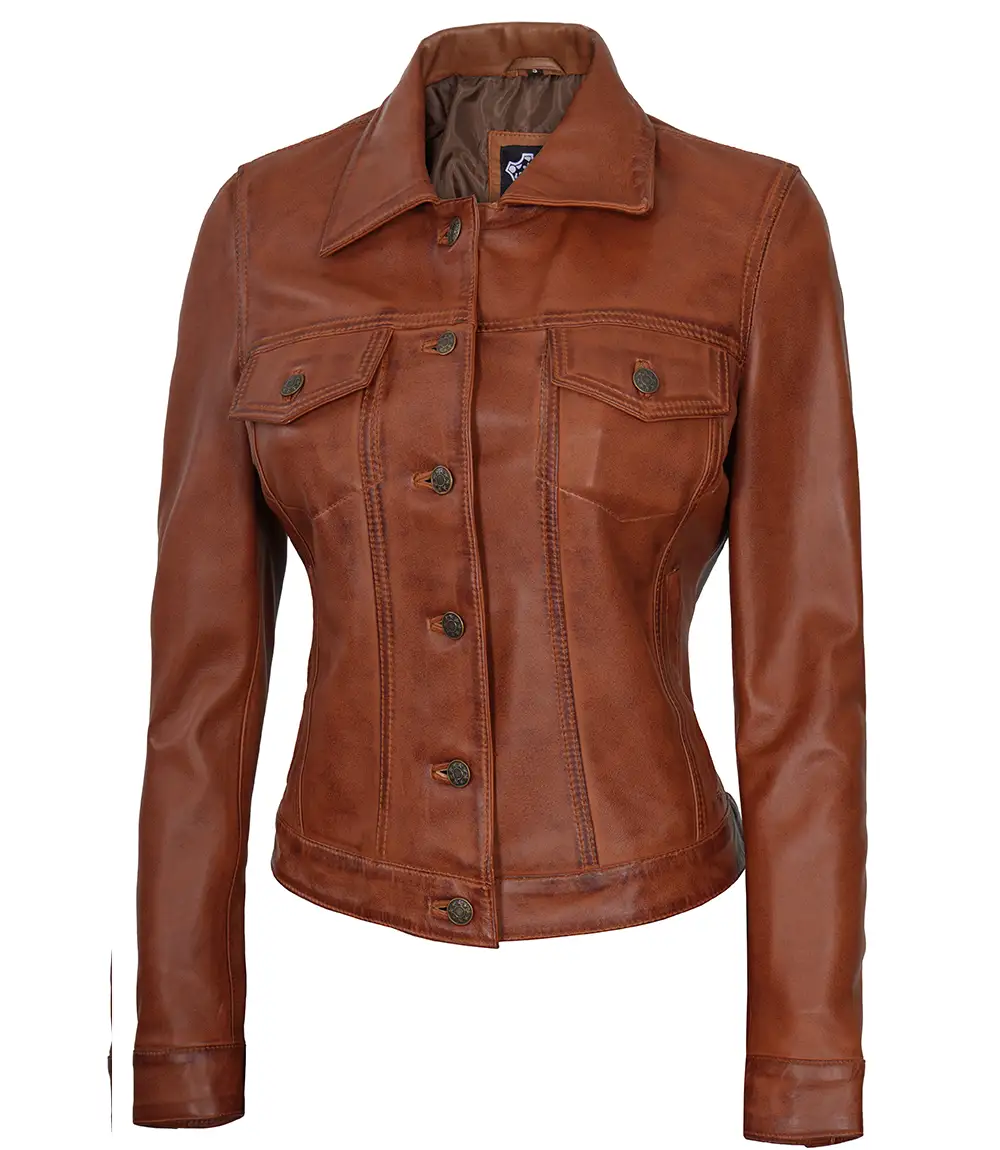 Fernando Women's Cognac Brown Trucker  Leather Jacket