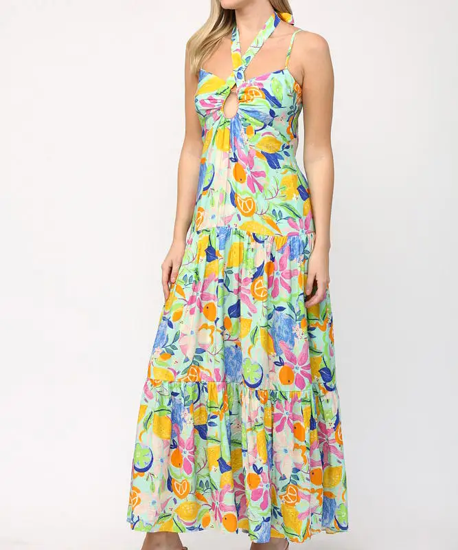 Front Keyhole Back Tie Maxi Dress - Aqua Multi