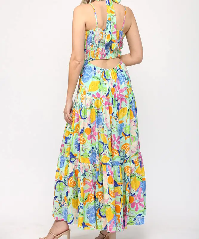 Front Keyhole Back Tie Maxi Dress - Aqua Multi