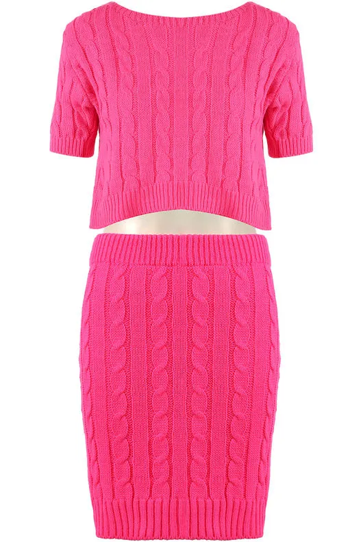 Fuchsia Cable Knit Crop Top & Skirt Co-Ord