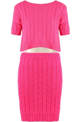 Fuchsia Cable Knit Crop Top & Skirt Co-Ord