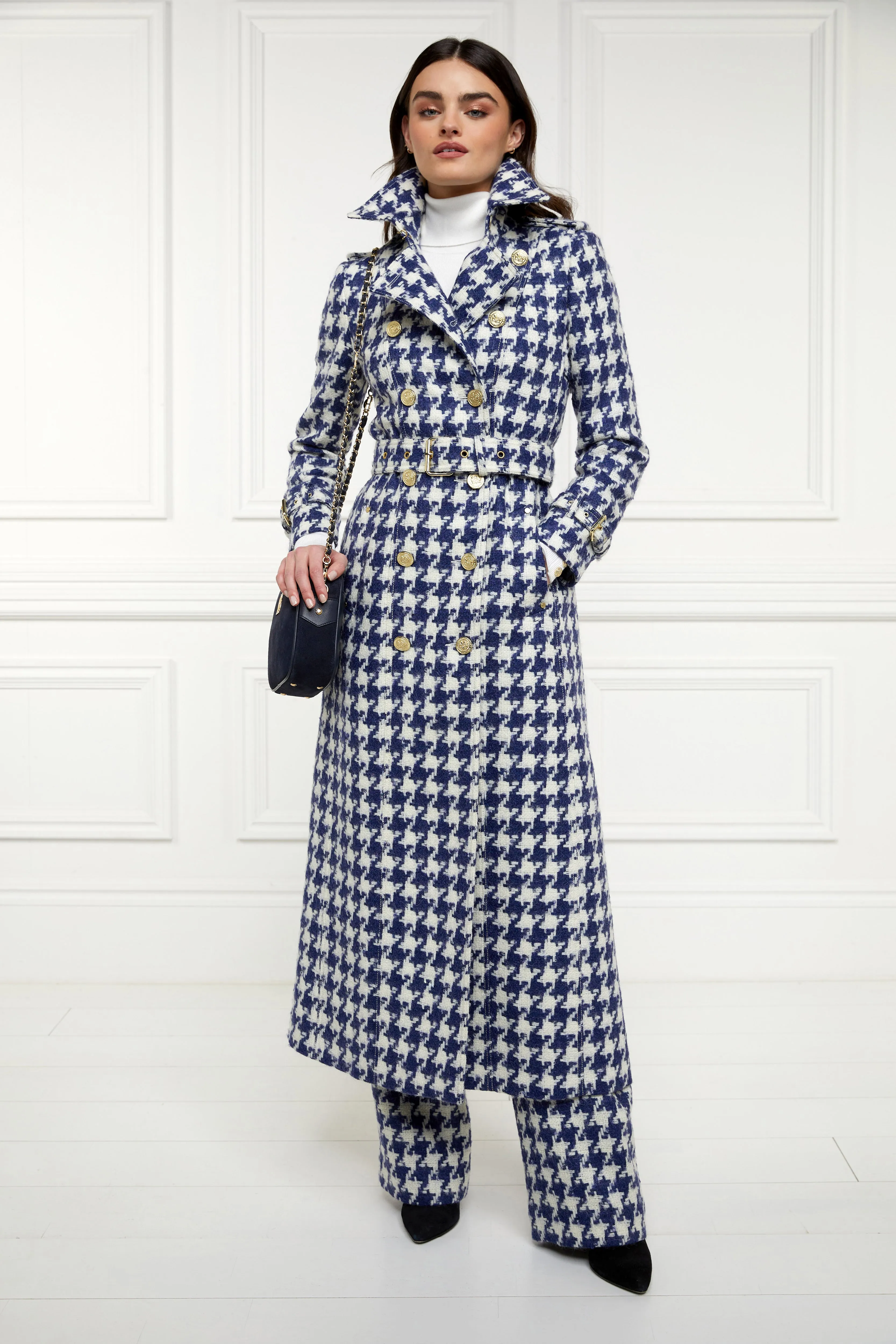 Full Length Marlborough Trench Coat (Large Scale Navy Houndstooth)