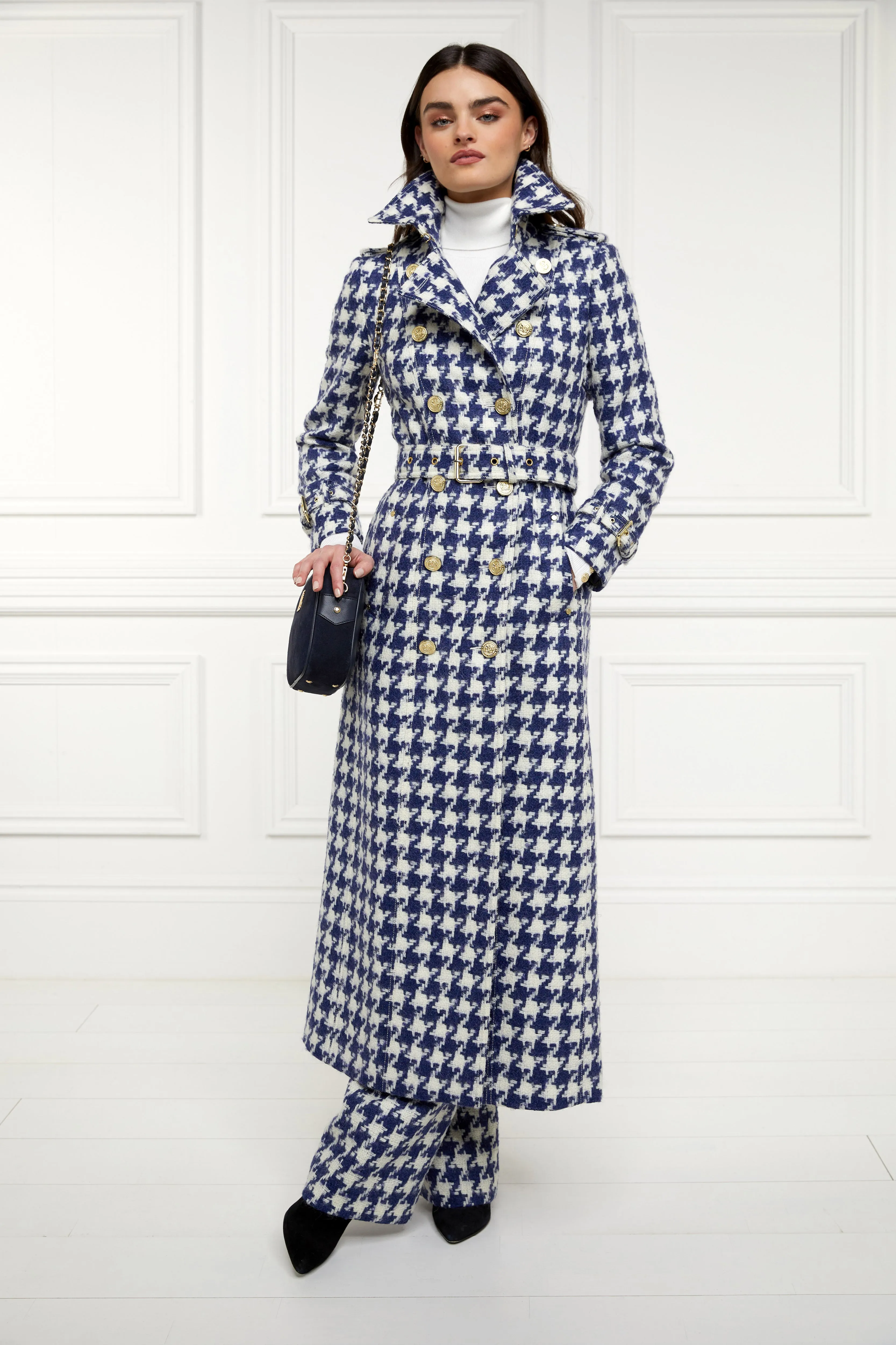 Full Length Marlborough Trench Coat (Large Scale Navy Houndstooth)