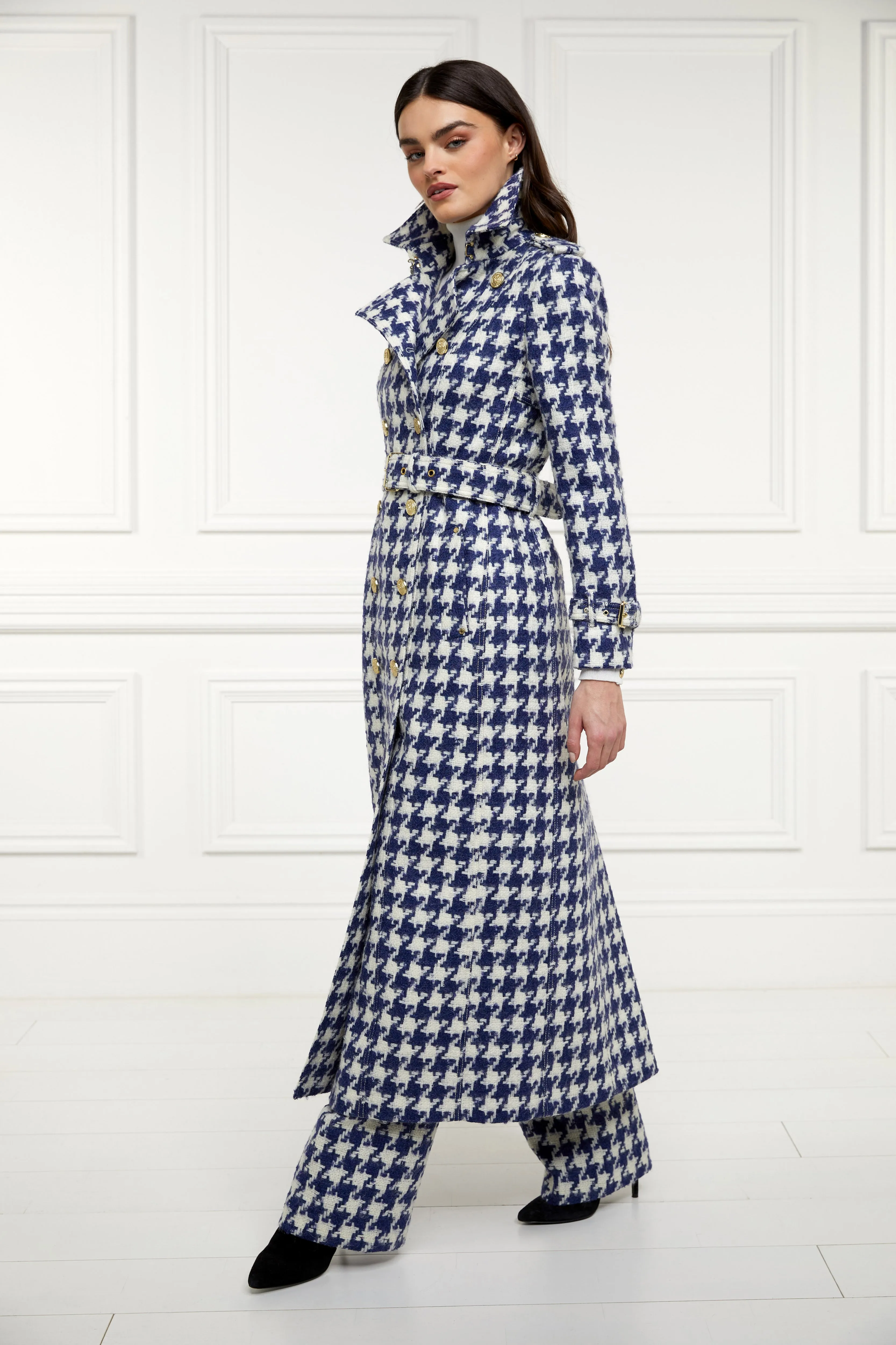 Full Length Marlborough Trench Coat (Large Scale Navy Houndstooth)