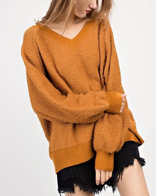 Fuzzy V-Neck Bubble Sleeve Sweater - Mustard