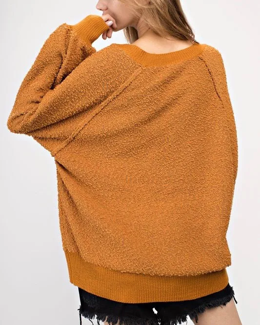 Fuzzy V-Neck Bubble Sleeve Sweater - Mustard