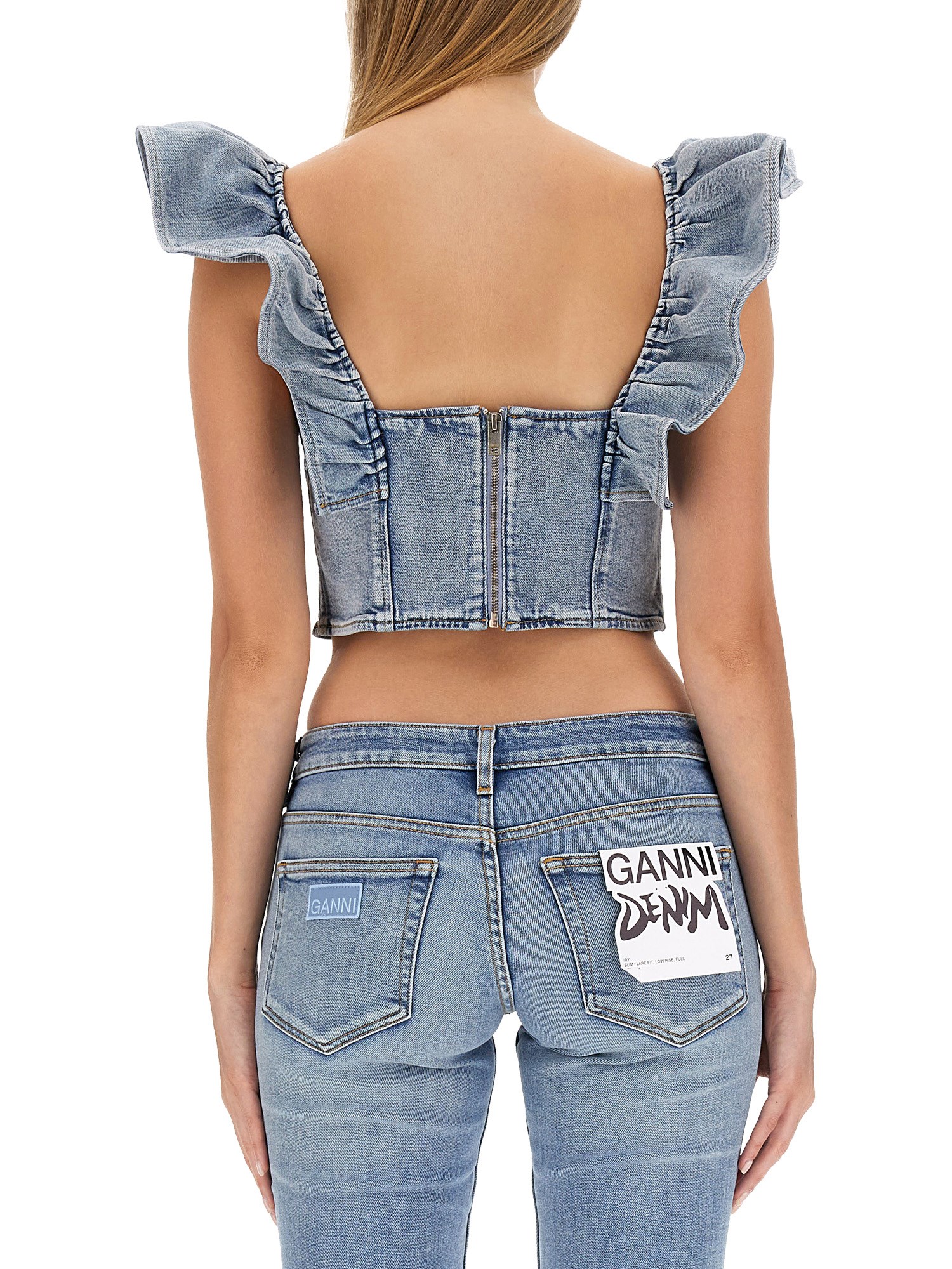 GANNI    COTTON DENIM TOP WITH RUFFLES