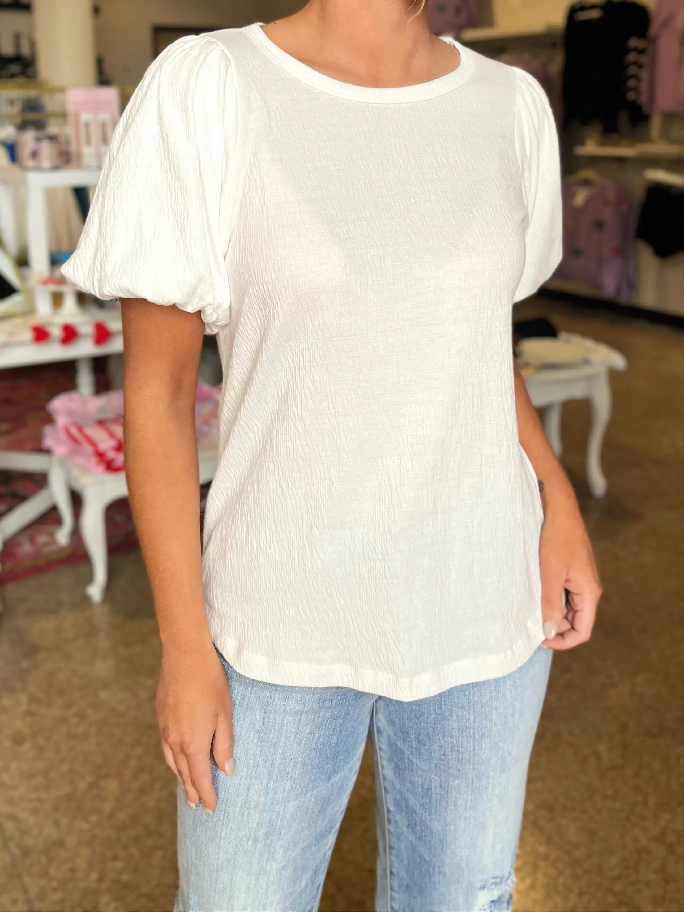 GAUZE KNIT BUBBLE SLEEVE TOP - IVORY