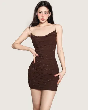 Giana Solid Color Brown Sparkle Spaghetti Strap Wrapped Ruched Slim Bodycon Mini Dress