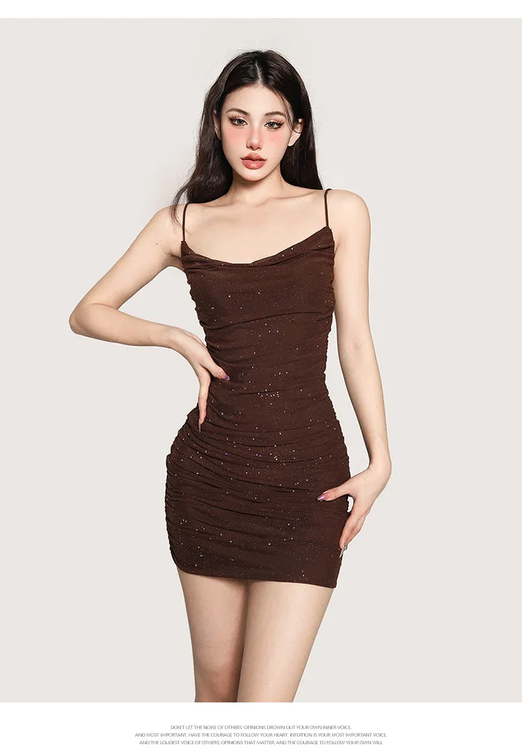 Giana Solid Color Brown Sparkle Spaghetti Strap Wrapped Ruched Slim Bodycon Mini Dress