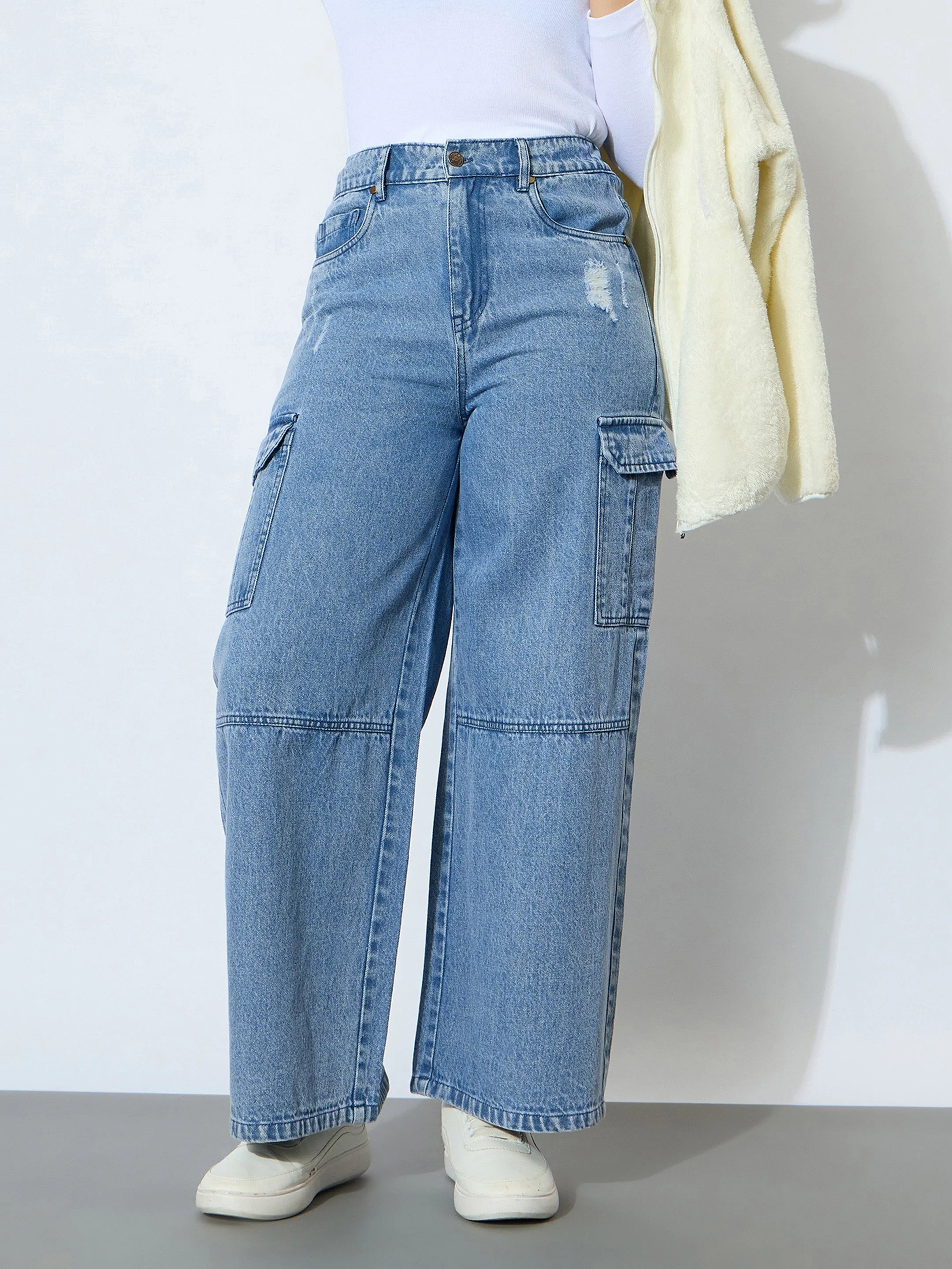 Girl Blue Wash Denim Side Pocket Straight Jeans