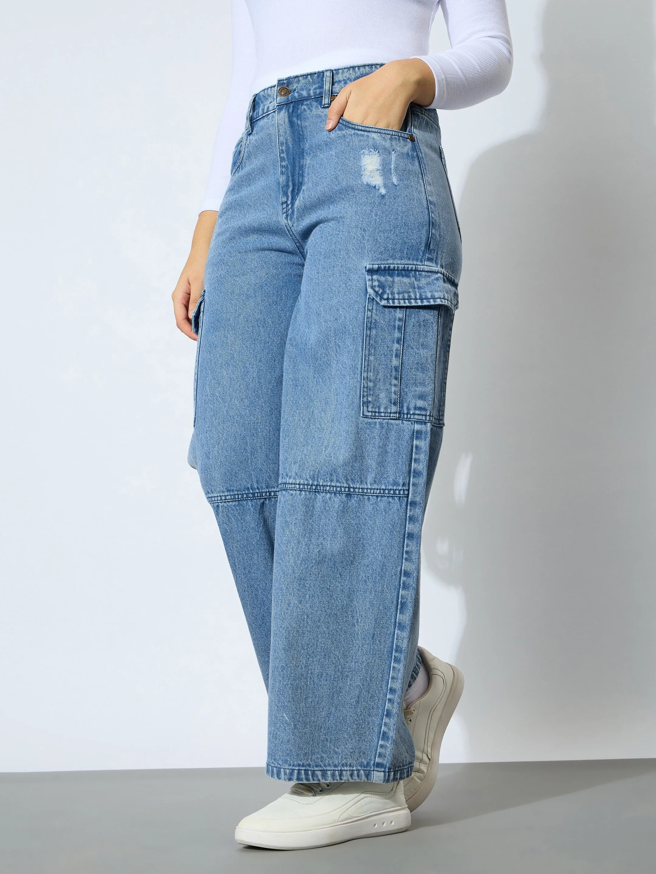 Girl Blue Wash Denim Side Pocket Straight Jeans