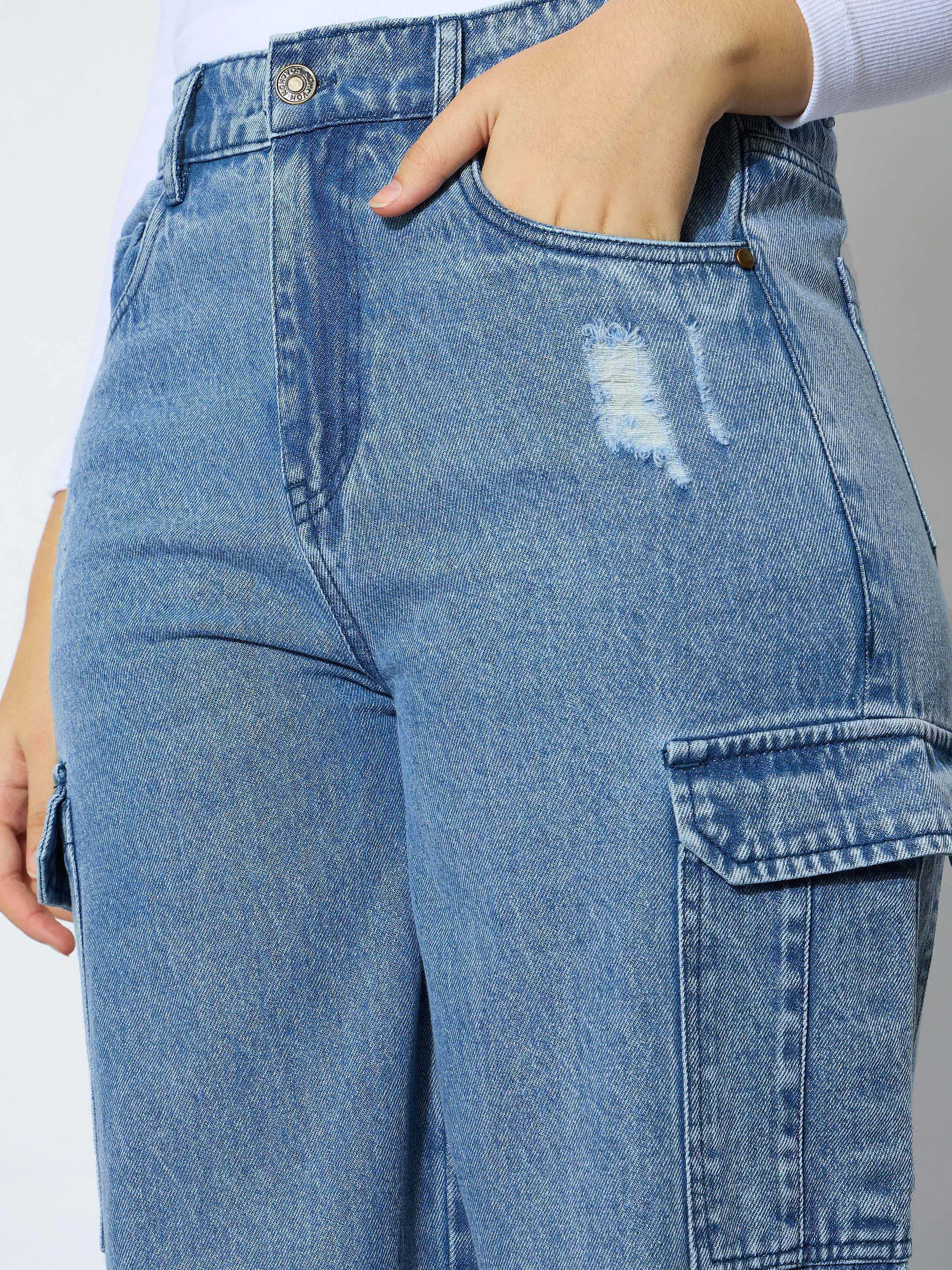 Girl Blue Wash Denim Side Pocket Straight Jeans