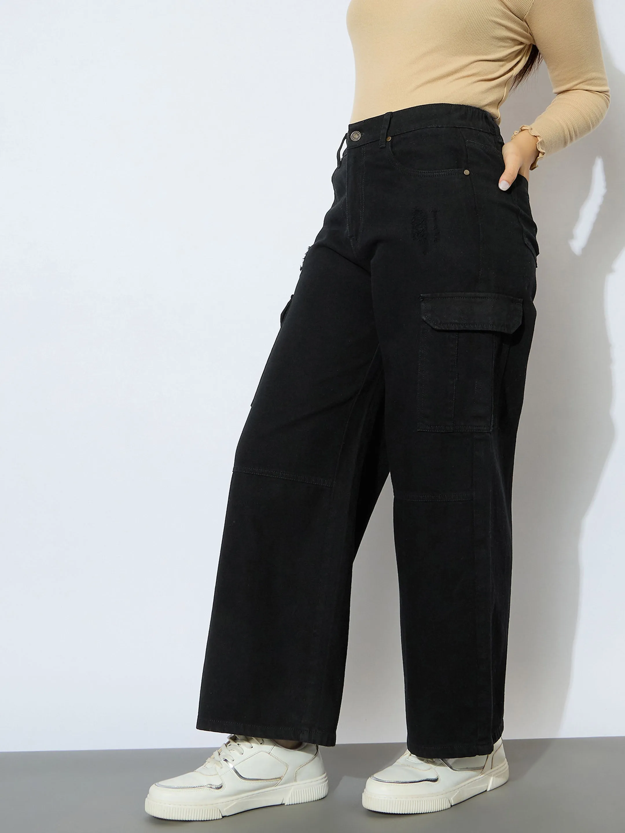 Girl Jet Black Denim Side Pocket Straight Jeans