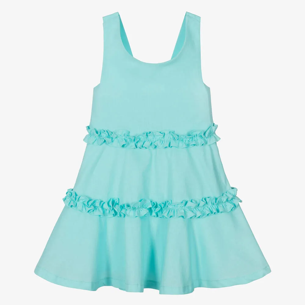 Girls Aqua Blue Cotton Ruffle Dress