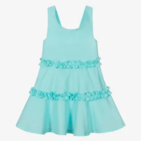 Girls Aqua Blue Cotton Ruffle Dress