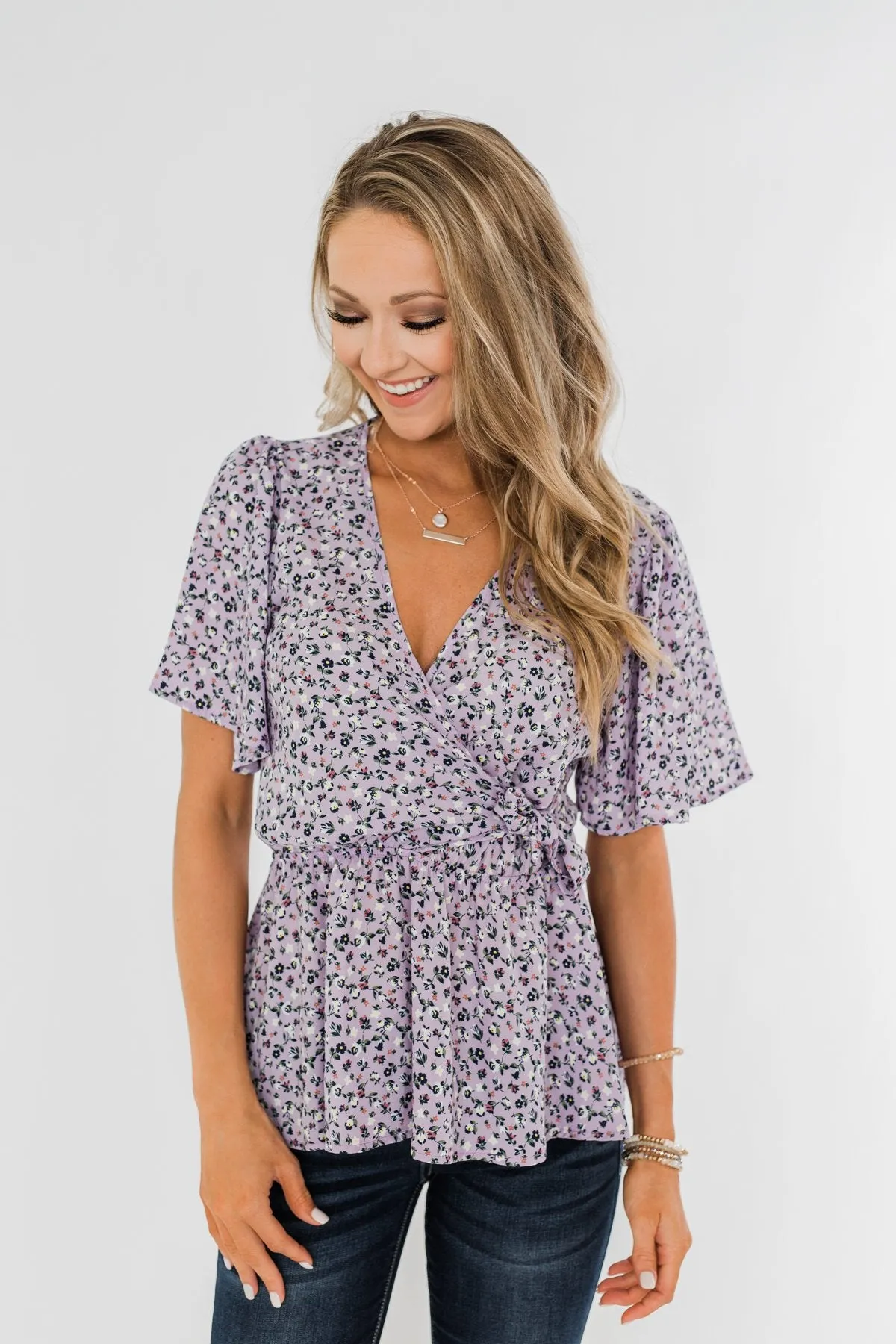 Grace Finds Me Floral Wrap Blouse- Lavender