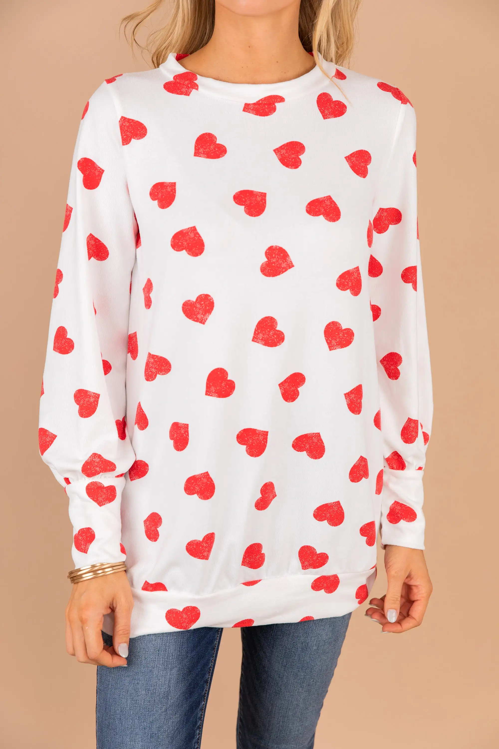 Great Hearts Think Alike Ivory White Heart Print Top