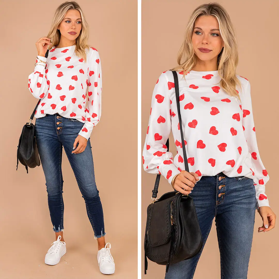 Great Hearts Think Alike Ivory White Heart Print Top