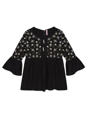 Ishin Girls Viscose Rayon Black Embroidered Top