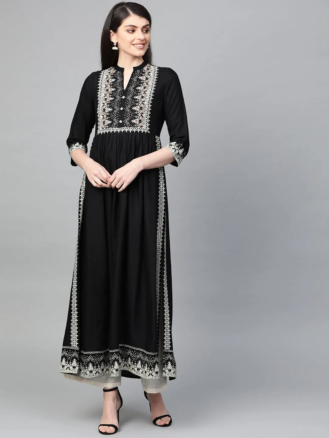 Ishin Women's Rayon Black Embellished A-Line Flared Kurta