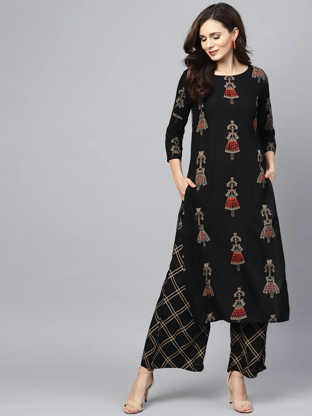 Ishin Women's Rayon Black Embroidered A-Line Kurta Palazzo Set