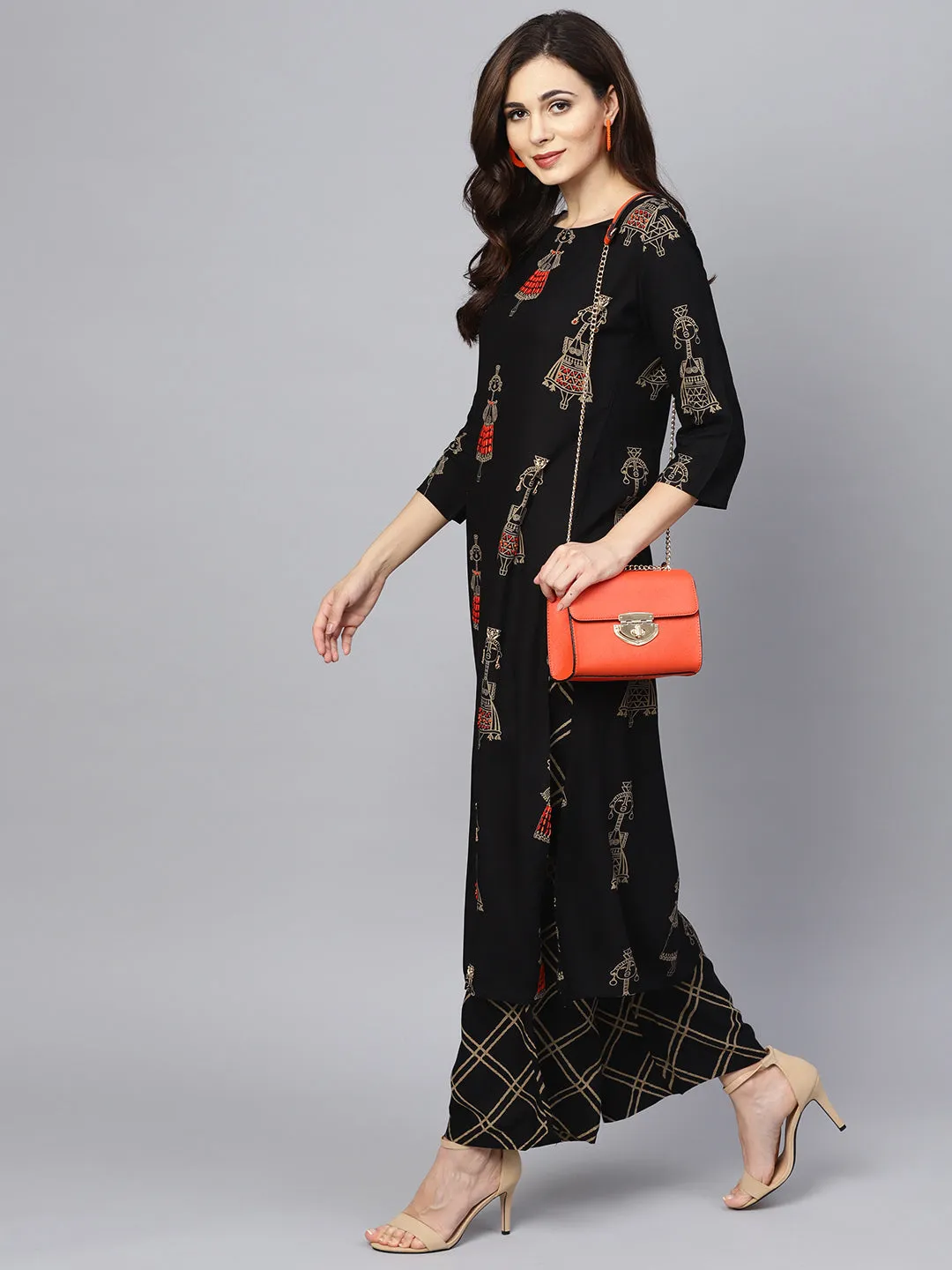 Ishin Women's Rayon Black Embroidered A-Line Kurta Palazzo Set