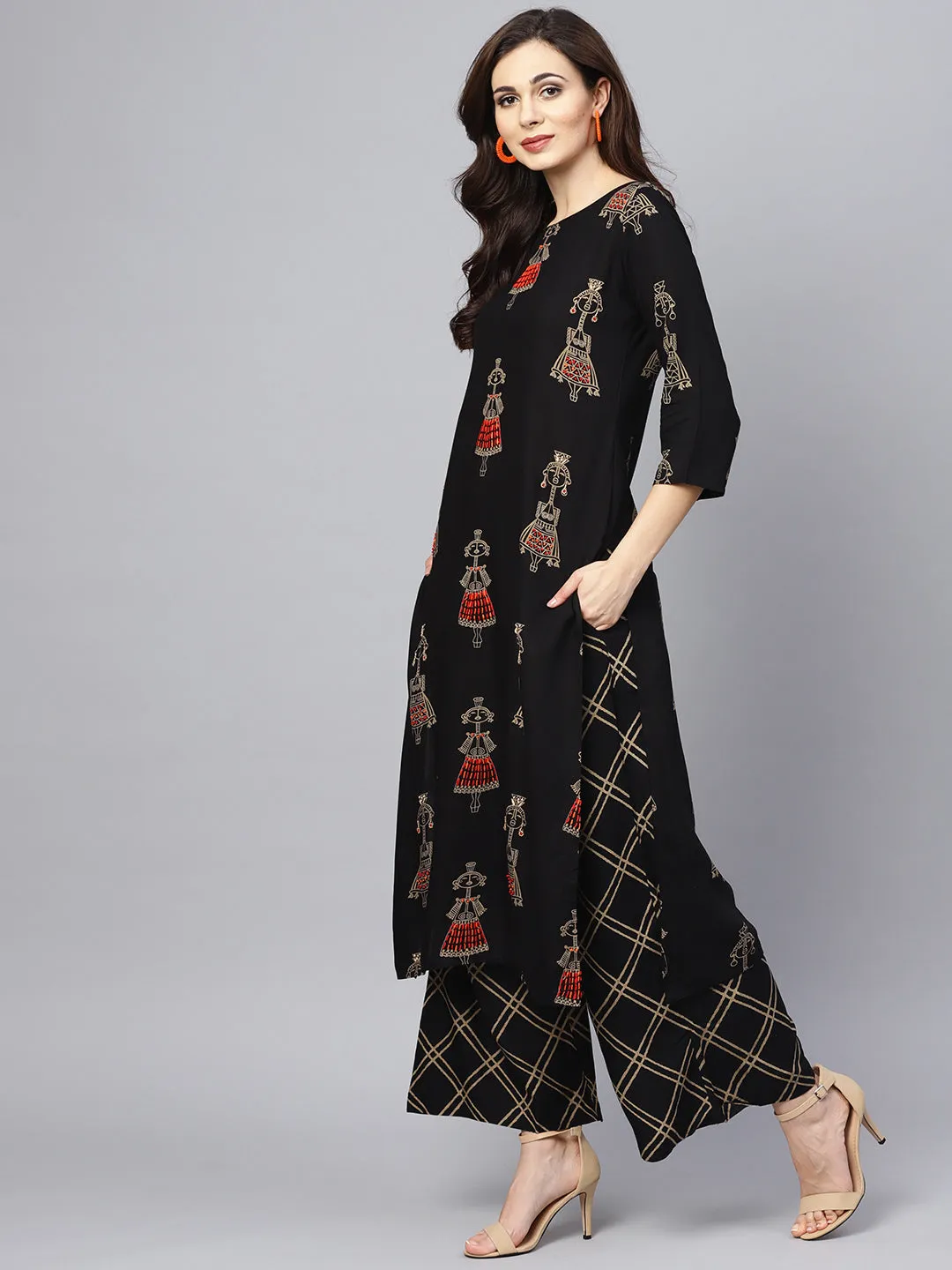 Ishin Women's Rayon Black Embroidered A-Line Kurta Palazzo Set