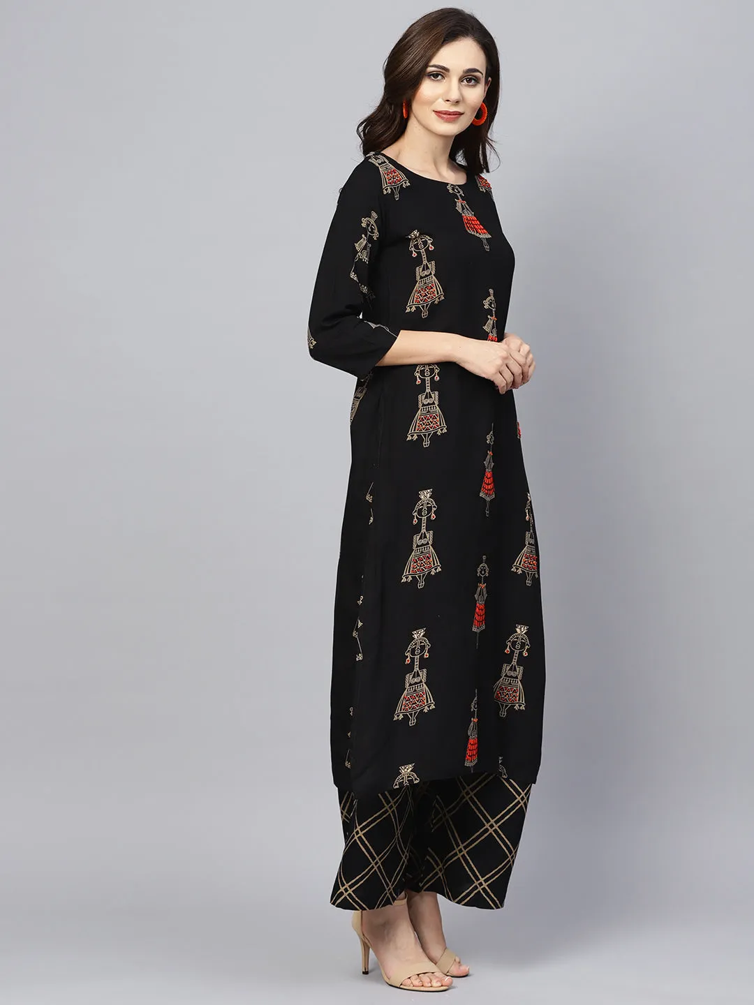 Ishin Women's Rayon Black Embroidered A-Line Kurta Palazzo Set