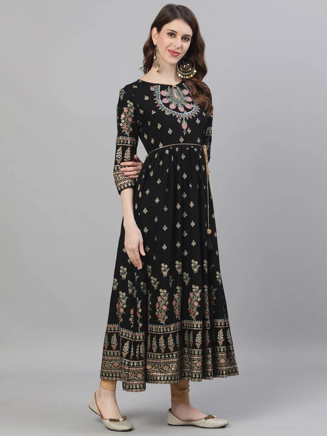 Ishin Women's Rayon Black Embroidered Anarkali Kurta