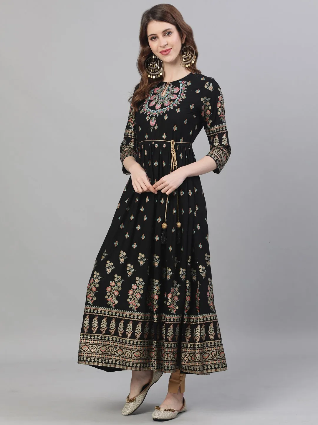 Ishin Women's Rayon Black Embroidered Anarkali Kurta