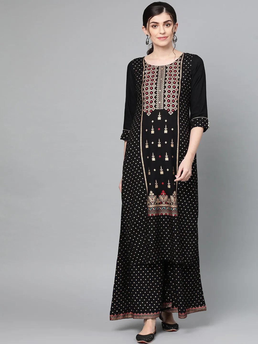 Ishin Women's Rayon Black Foil Printed A-Line Kurta Palazzo Set