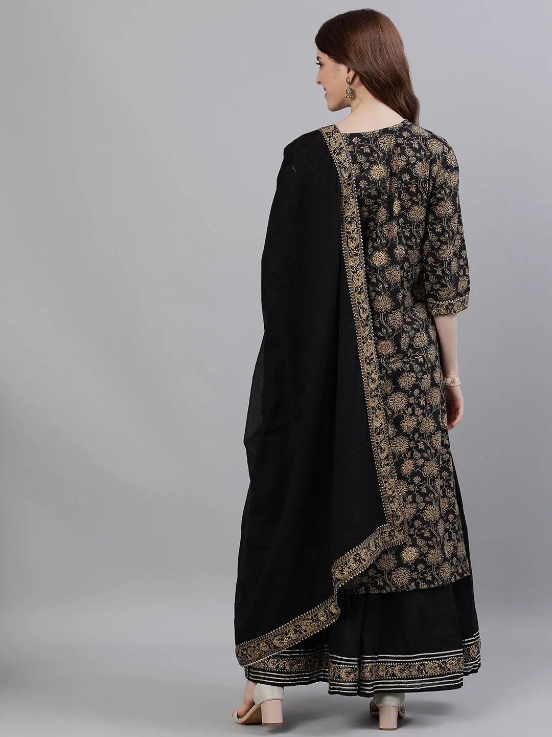 Ishin Women's Rayon Black Printed A-Line Kurta Palazzo Dupatta Set