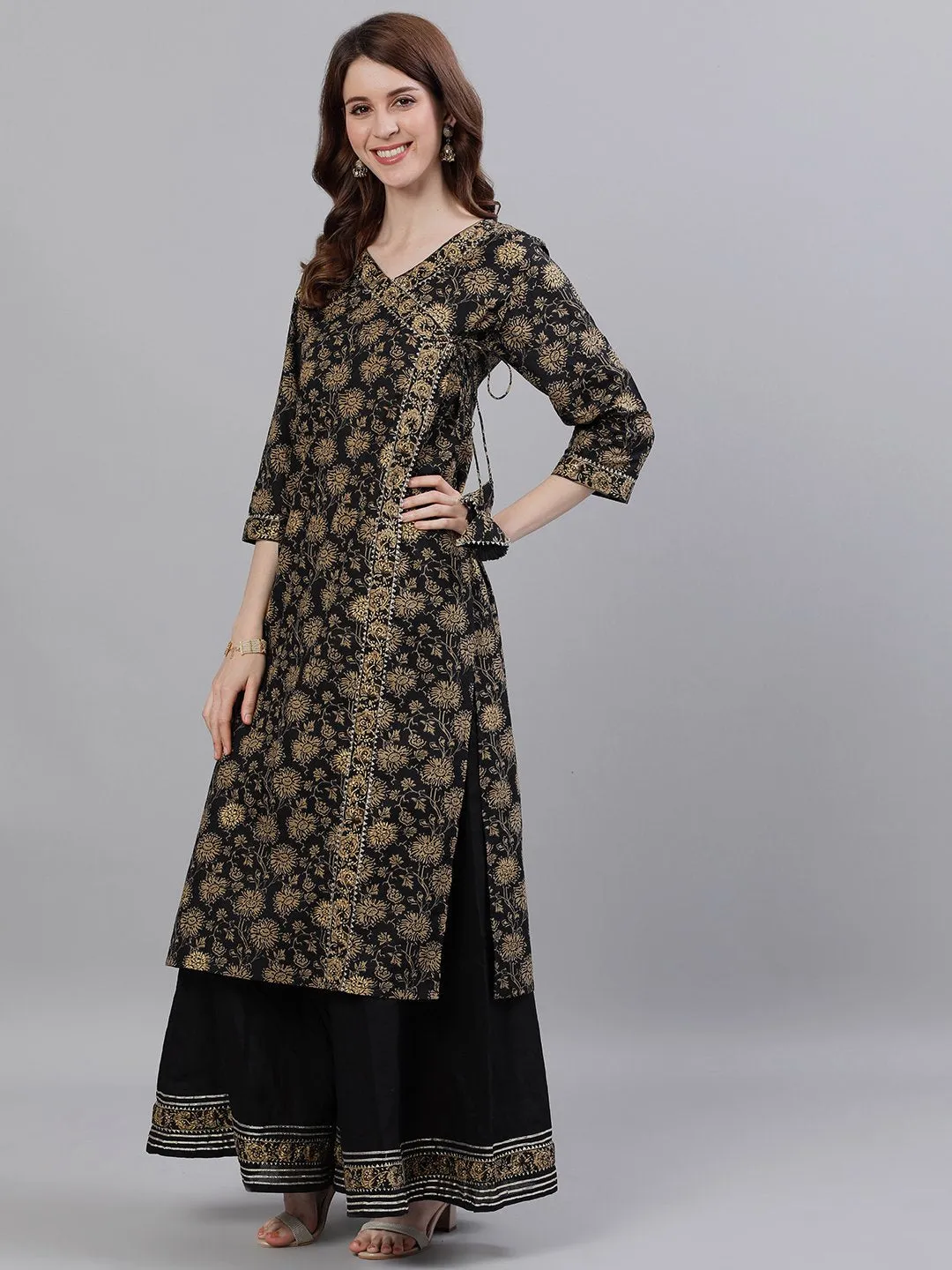 Ishin Women's Rayon Black Printed A-Line Kurta Palazzo Dupatta Set