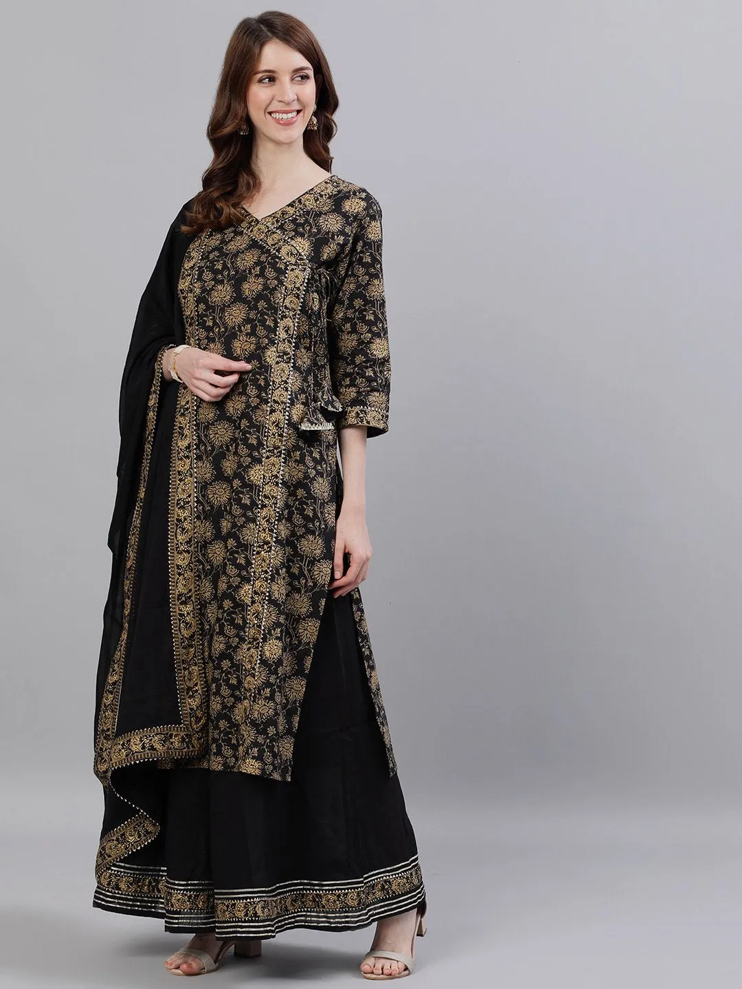 Ishin Women's Rayon Black Printed A-Line Kurta Palazzo Dupatta Set