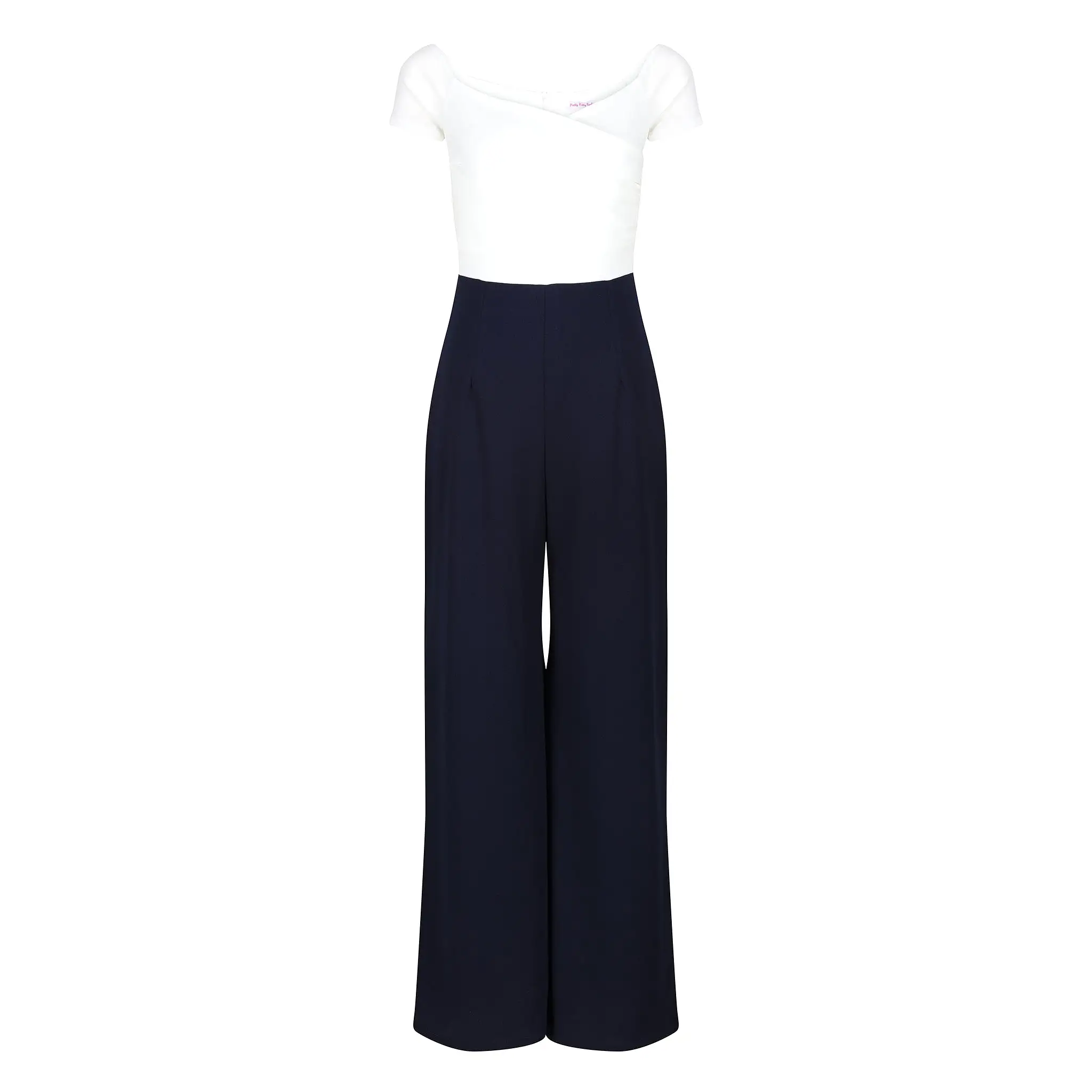 Ivory Bardot Top and Navy Cropped Trouser-suit