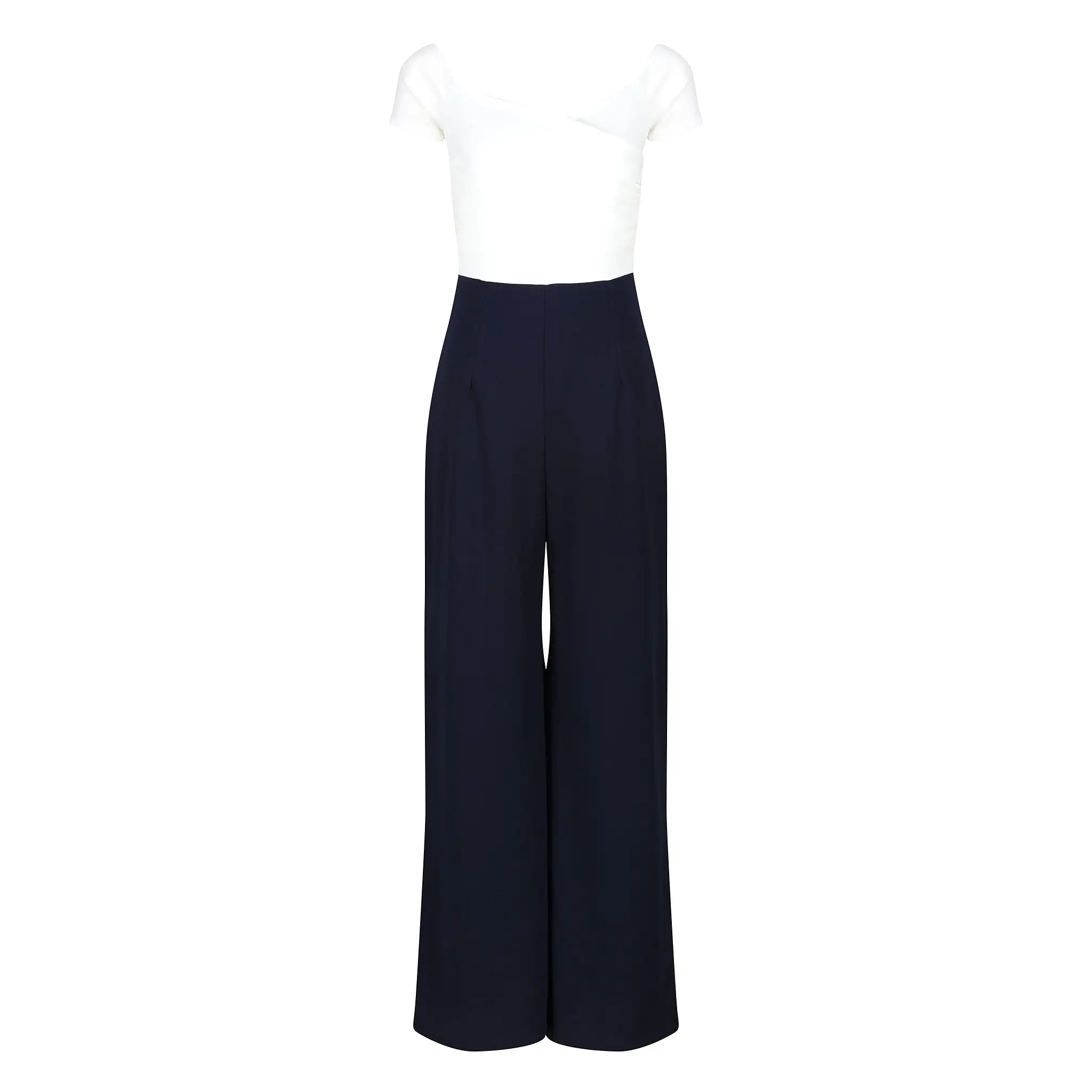 Ivory Bardot Top and Navy Cropped Trouser-suit