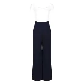 Ivory Bardot Top and Navy Cropped Trouser-suit