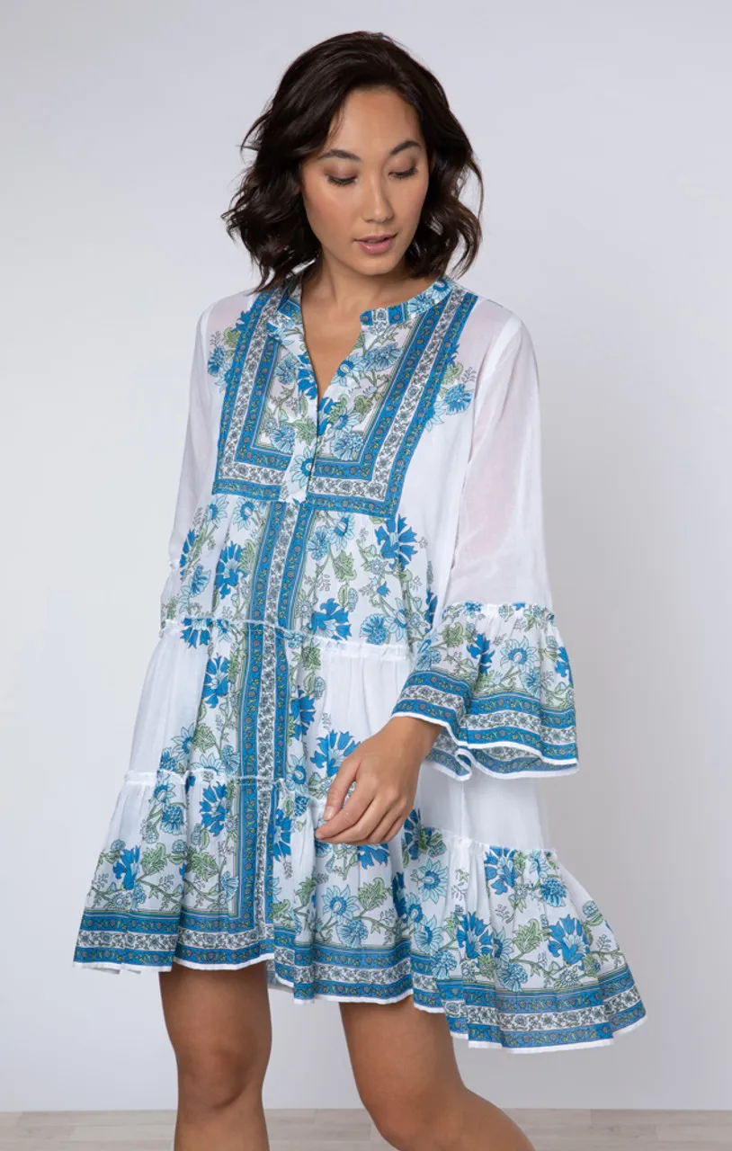 Juliet Dunn Flared Sleeve Dress, Rose Border White Blue Aqua