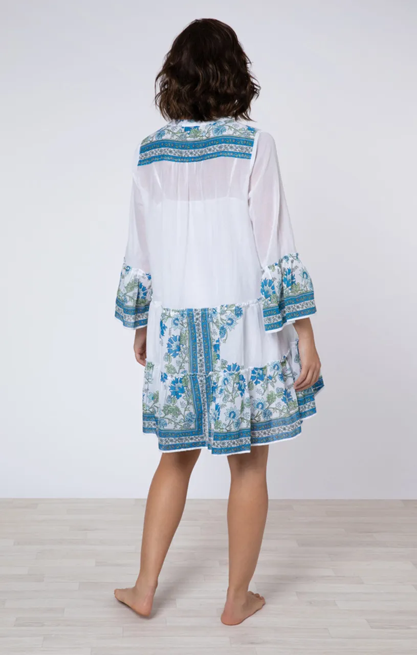 Juliet Dunn Flared Sleeve Dress, Rose Border White Blue Aqua