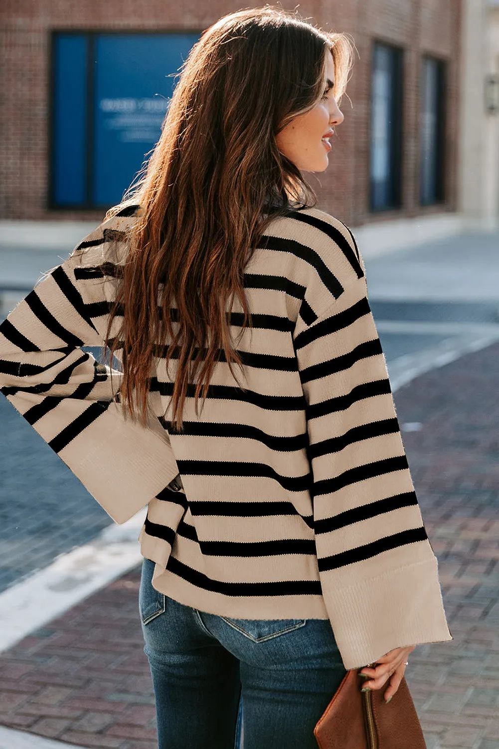 Khaki Striped Mock Sweater