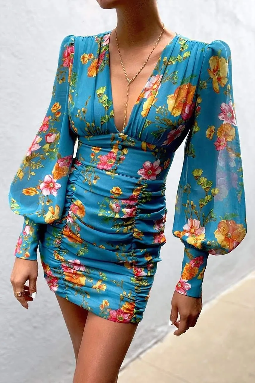 Kim Mini Dress - Aqua Floral