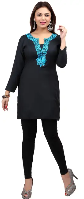 Maple Clothing Kurti Women's Blouse Embroidered Indian Clothing (Black/Blue)