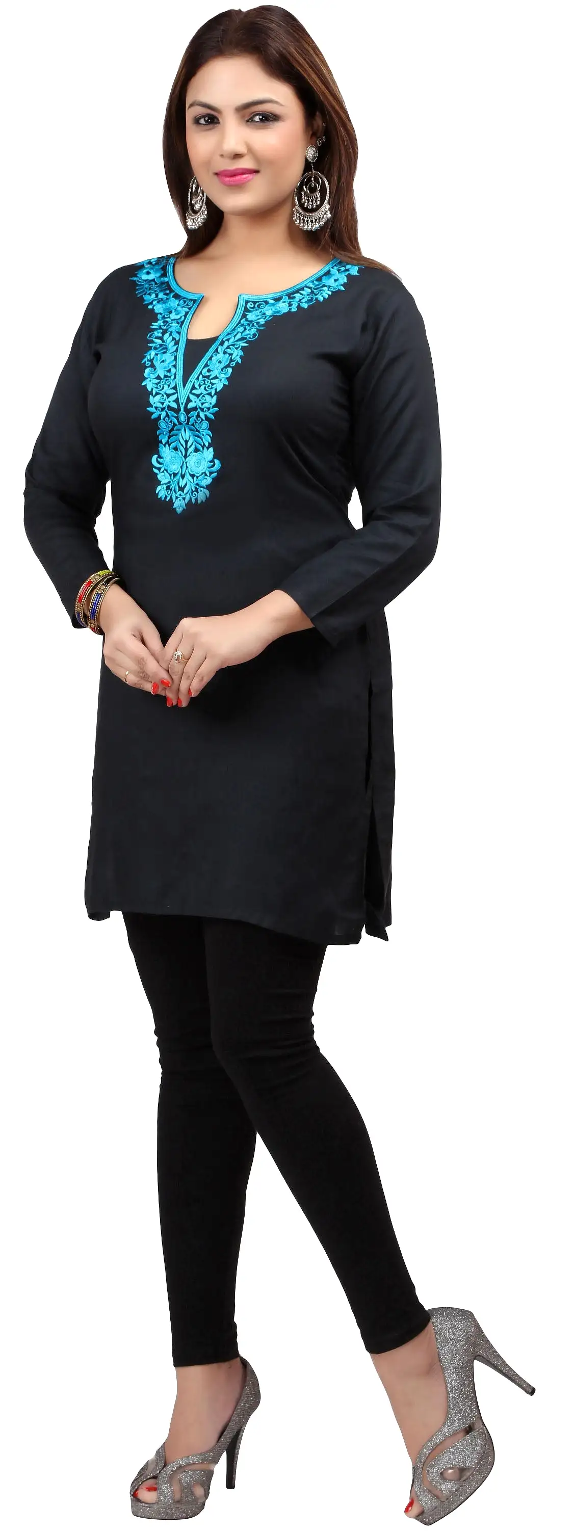 Maple Clothing Kurti Women's Blouse Embroidered Indian Clothing (Black/Blue)