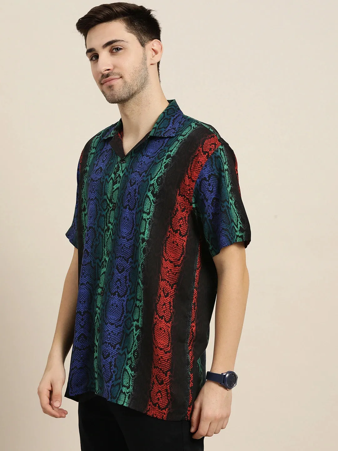 Men Black & Green Printed Viscose Rayon Relaxed Fit Casual Resort Shirt